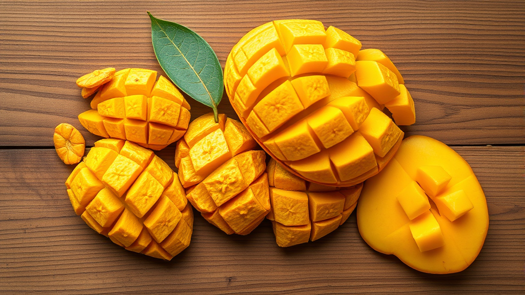 Golden dried mango pieces arranged on wooden surface with fresh mango slices, tropical lighting, no text no words no letters