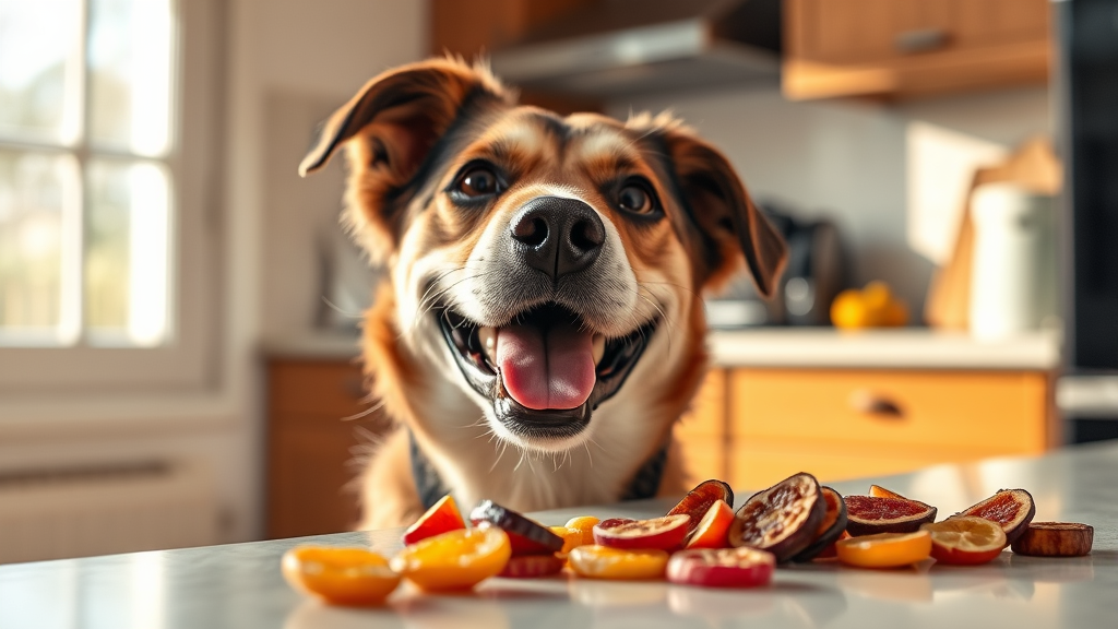 Happy dog looking at dried fruit treats on kitchen counter, warm natural lighting, no text no words no letters