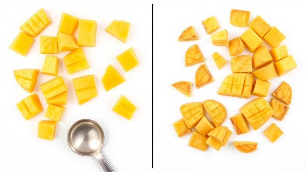 Comparison of fresh and dried mango pieces with measuring spoon showing portions, clean background, no text no words no letters