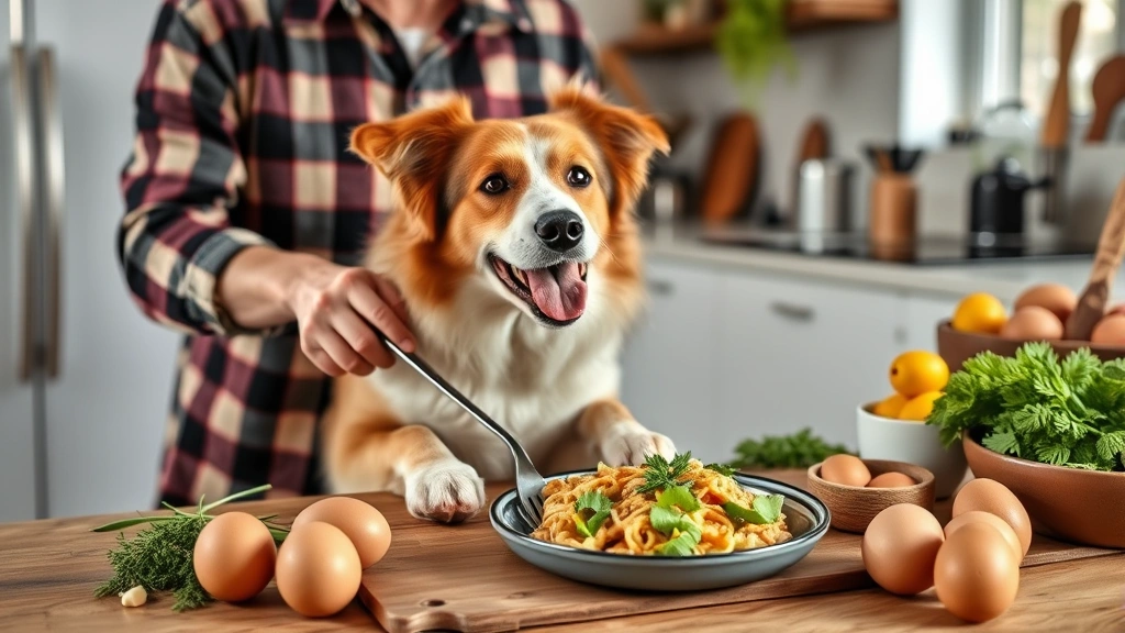 Dog owner preparing healthy homemade meal with fresh eggs and natural ingredients in modern kitchen