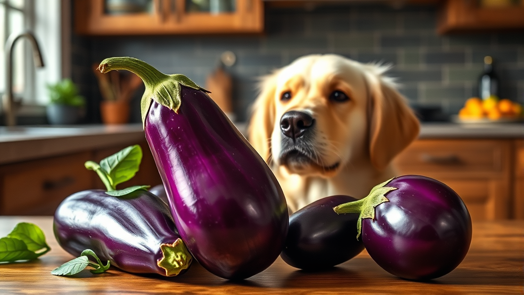 Fresh purple eggplant with golden retriever dog in kitchen setting, natural lighting, no text no words no letters