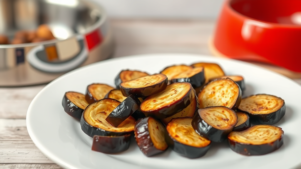 Cooked eggplant pieces on plain white plate with dog bowl nearby, clean composition, no text no words no letters