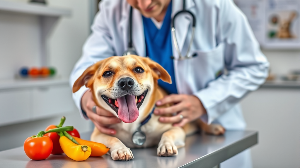 Veterinarian examining happy dog with fresh vegetables on examination table, professional setting, no text no words no letters
