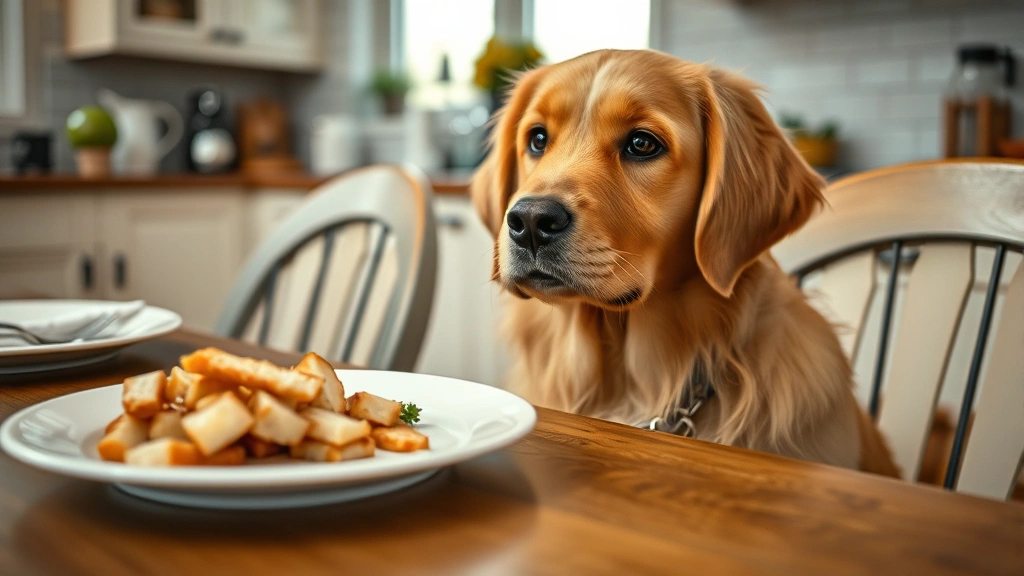 Golden retriever with puppy dog eyes looking at a dinner table with fish sticks on a white plate, soft kitchen lighting, wooden dining table