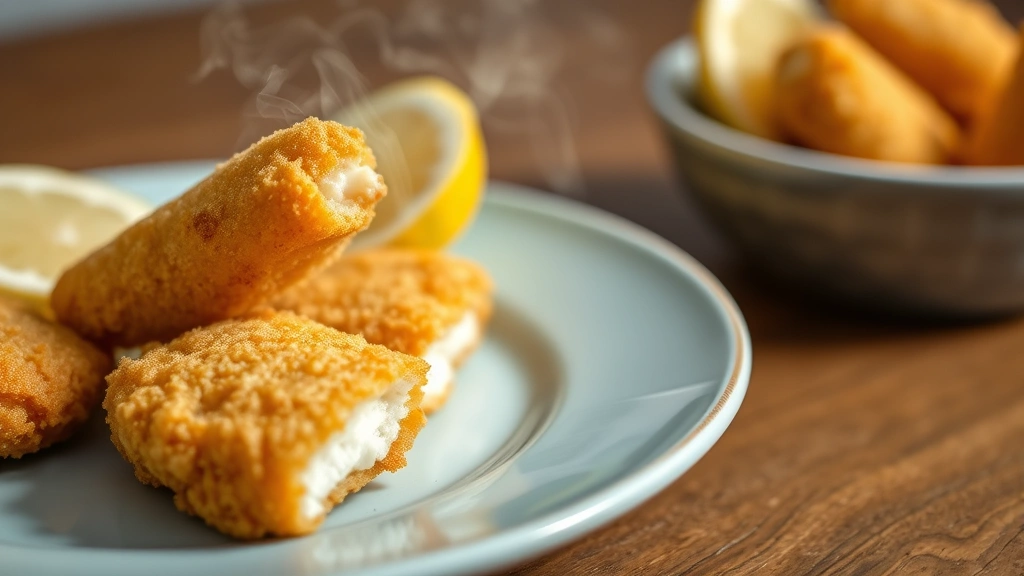 Close-up of crispy breaded fish sticks on a light blue plate with lemon wedges, steam rising from the sticks, shallow depth of field, bright natural lighting