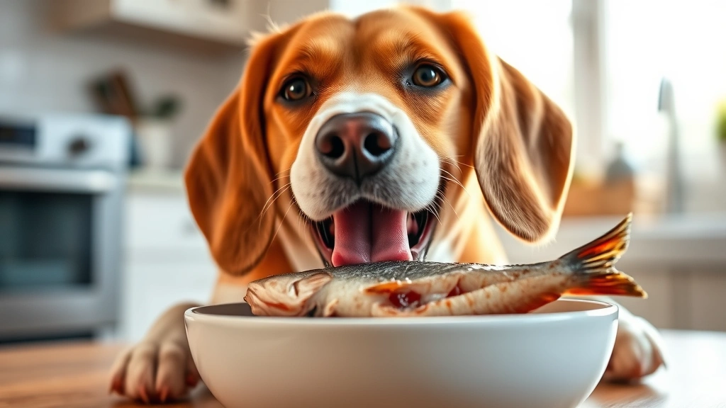 Happy beagle dog eating plain cooked fish from a ceramic bowl, sunlit kitchen background, dog showing contentment and satisfaction