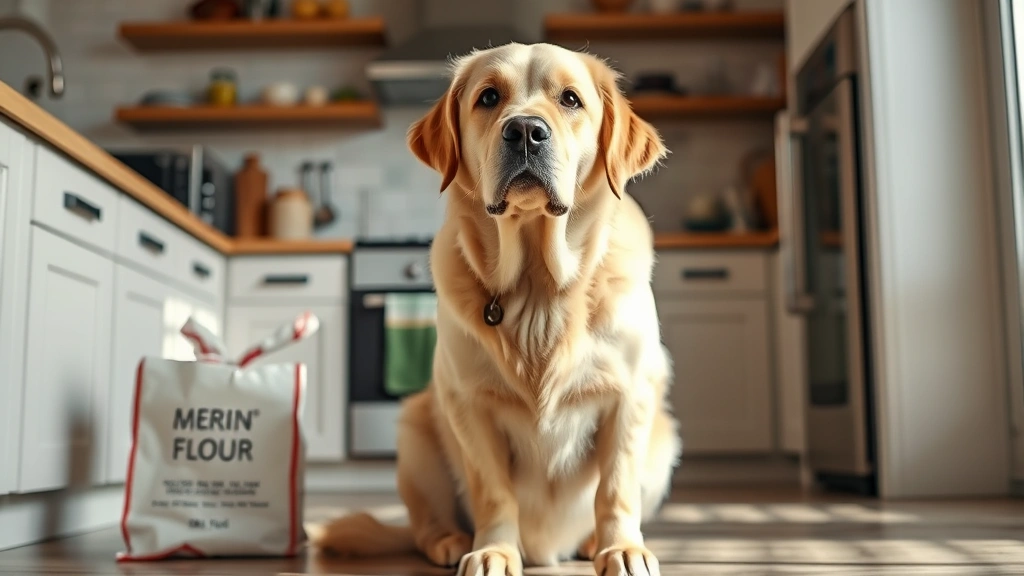 Golden Labrador sitting attentively in a bright kitchen next to a bag of flour, looking curious at the camera
