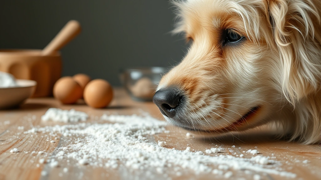 Close-up of a fluffy dog's nose sniffing toward a wooden table with scattered flour and baking ingredients