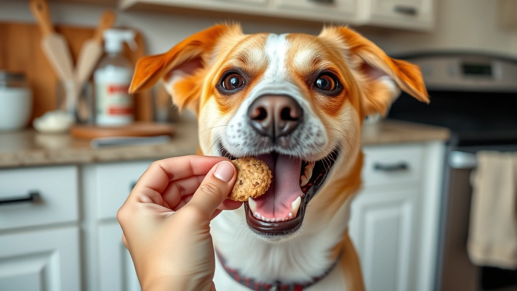 Happy medium-sized dog eating a homemade treat from a person's hand, kitchen countertop visible in background with baking supplies