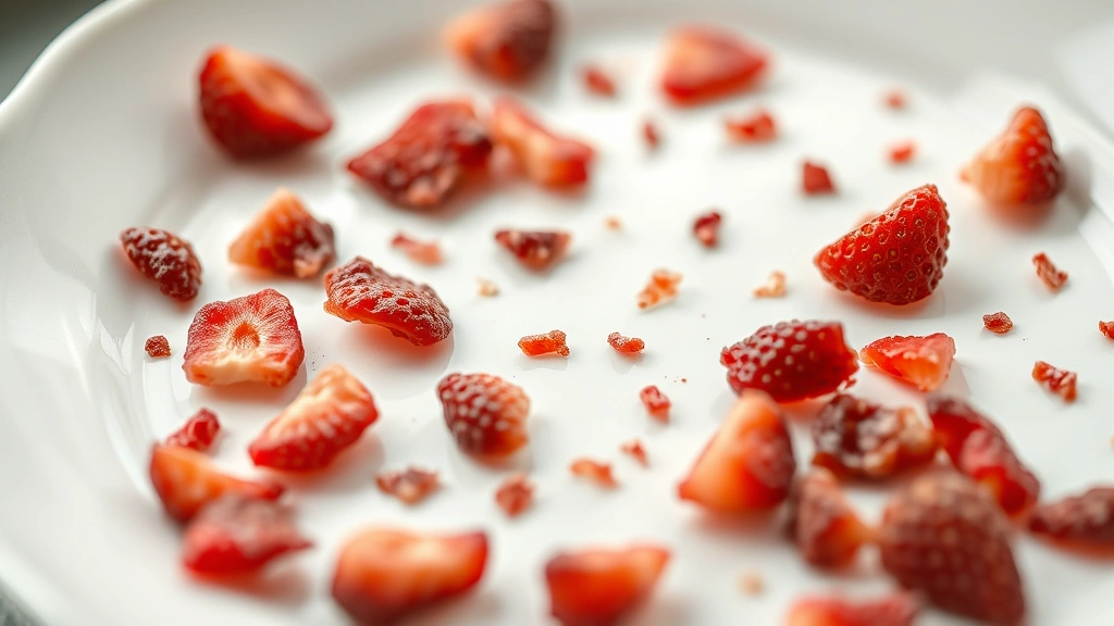 Close-up of freeze-dried strawberry pieces scattered on a white ceramic plate, photorealistic, natural lighting, shallow depth of field