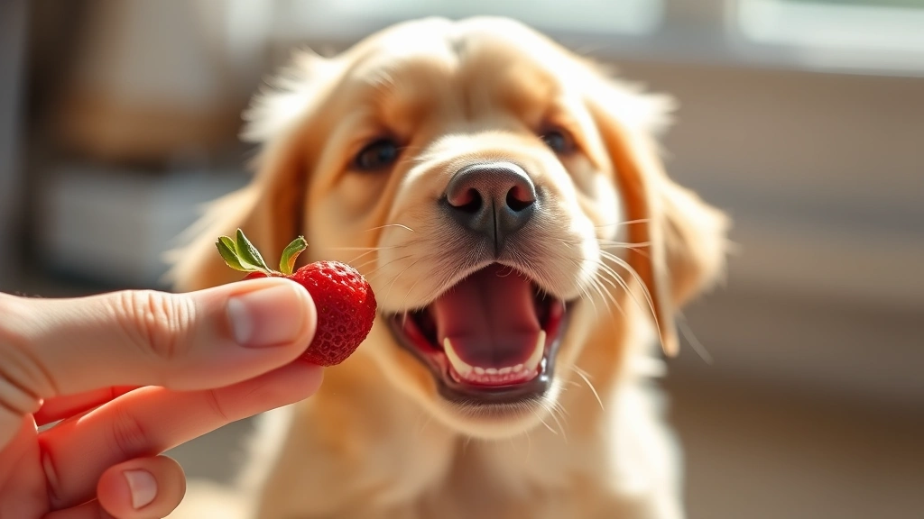 Golden Retriever puppy looking excitedly at a single freeze-dried strawberry held between human fingers, bright natural light, happy expression