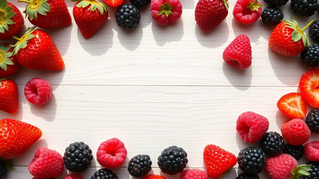 Overhead flat-lay composition of various freeze-dried berries including strawberries, raspberries, and blackberries arranged on light wood surface, natural sunlight, vibrant colors