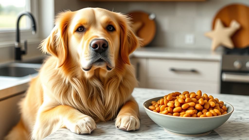 Golden retriever sitting next to bowl of cooked garbanzo beans on kitchen counter, natural lighting, no text no words no letters