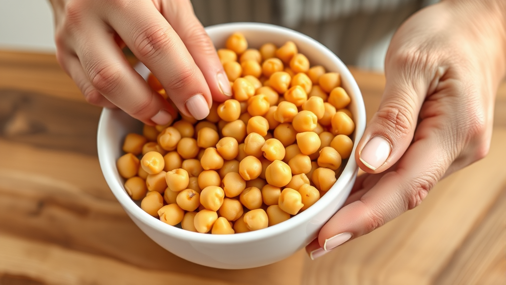 Close up of hands preparing plain cooked chickpeas in white bowl for dog feeding, kitchen setting, no text no words no letters