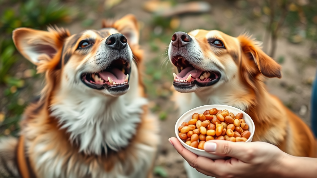 Happy dog looking up at owner holding small portion of cooked garbanzo beans, outdoor setting, no text no words no letters