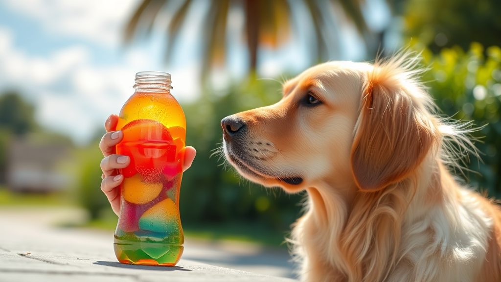 Golden retriever looking at colorful sports drink bottle outdoors on sunny day, no text, no words, no letters