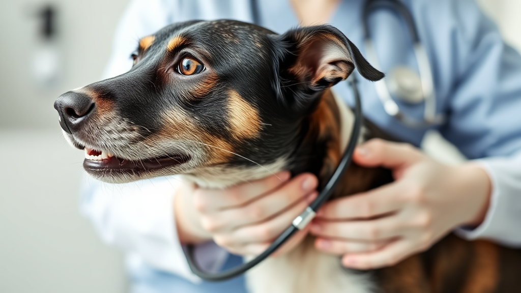 Veterinarian examining dehydrated dog with stethoscope in clinical setting, professional care, no text, no words, no letters