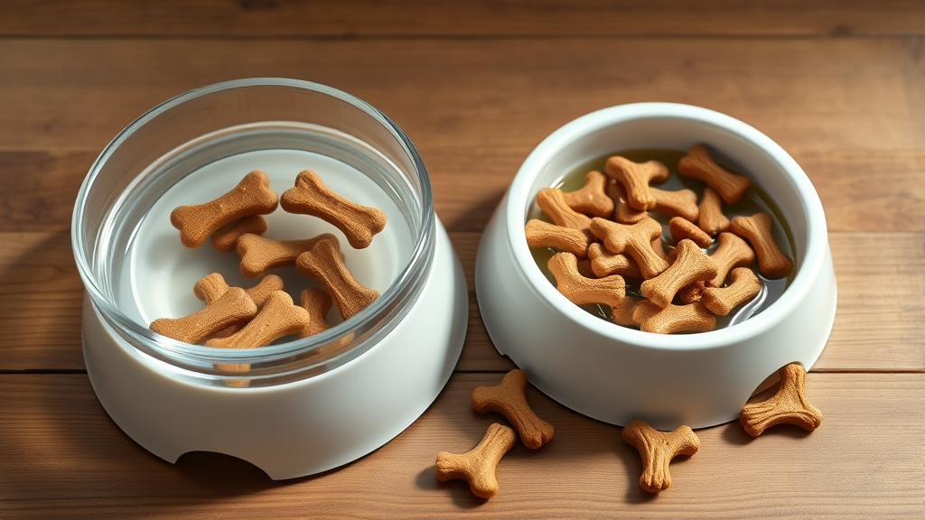 Fresh water bowl next to healthy dog treats on wooden surface, natural lighting, no text, no words, no letters