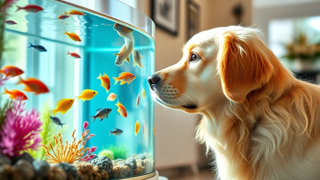 Golden retriever looking curiously at a glass aquarium with colorful fish swimming inside, bright home setting