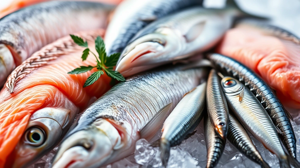 Close-up of various fresh fish on ice including salmon and sardines, professional food photography