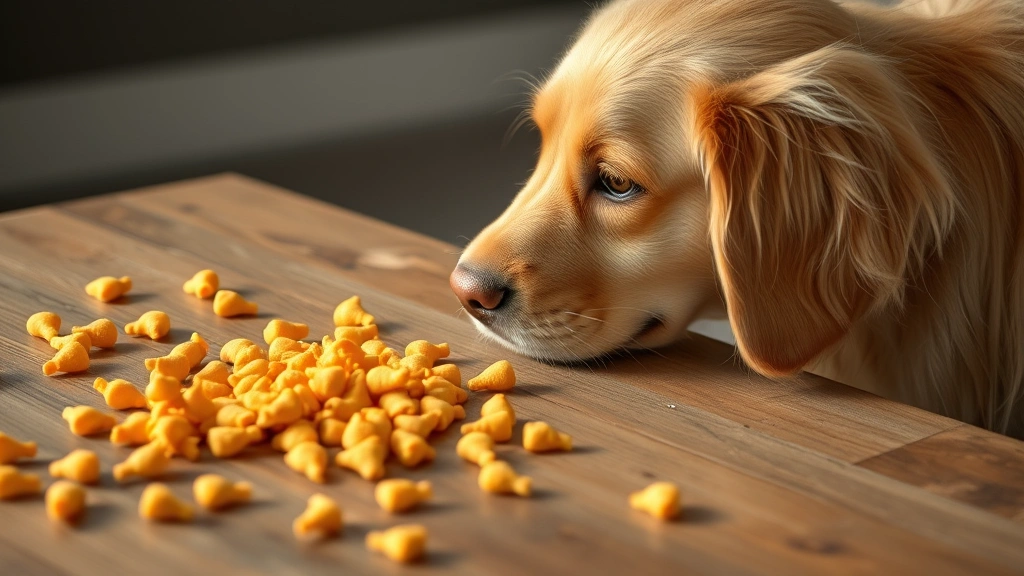 Golden retriever looking at a scattered pile of Goldfish crackers on a wooden table, interested expression, natural lighting