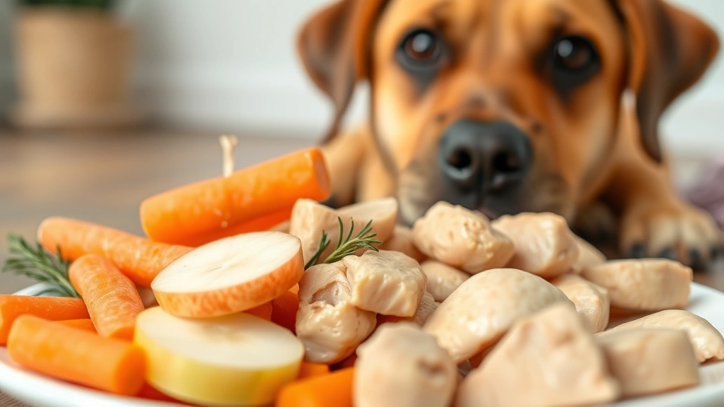 Close-up of fresh healthy dog snacks arranged on a plate including carrots, apple slices, and plain chicken pieces with a curious Labrador in background