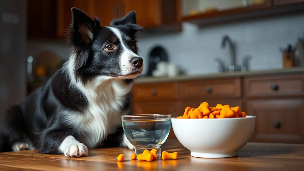Border Collie sitting obediently next to a bowl of water, refusing a bowl of Goldfish crackers, well-lit kitchen setting