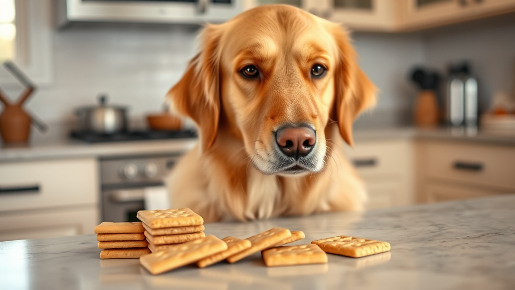 Golden retriever looking curiously at graham crackers on kitchen counter, warm lighting, cozy home setting, no text no words no letters