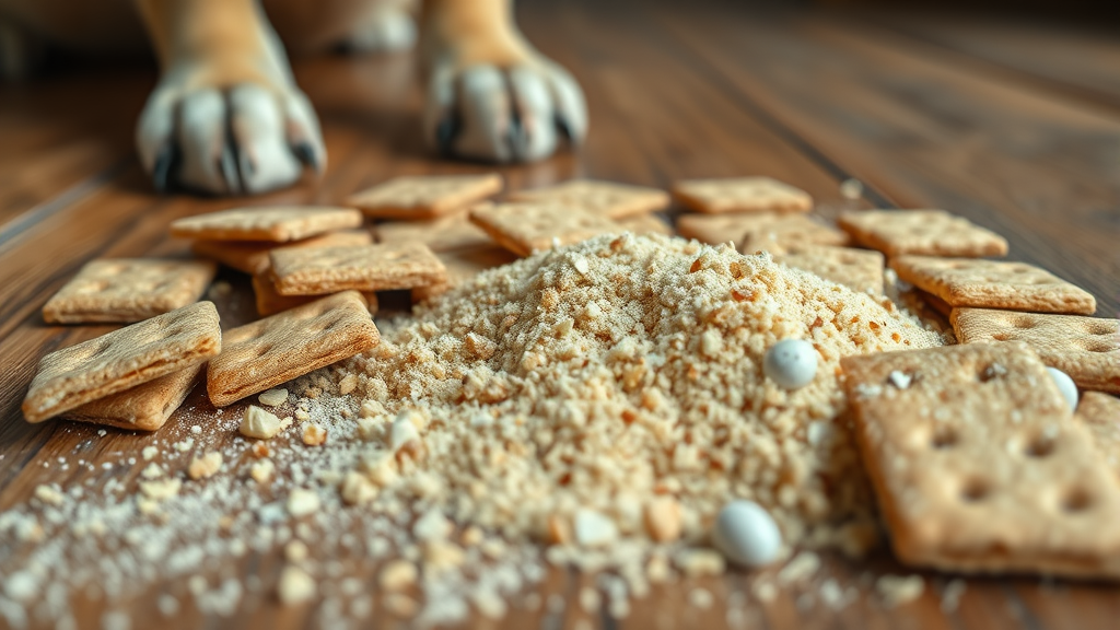 Close up of graham cracker ingredients spread on wooden table with dog paws visible, natural lighting, no text no words no letters