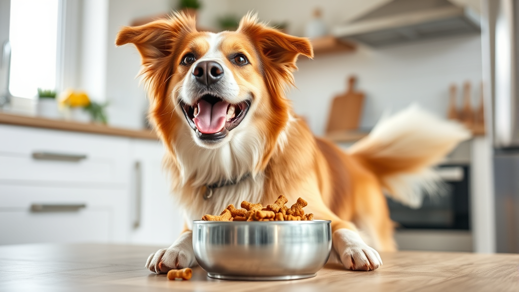 Happy healthy dog eating approved dog treats from bowl in bright kitchen, tail wagging, joyful expression, no text no words no letters