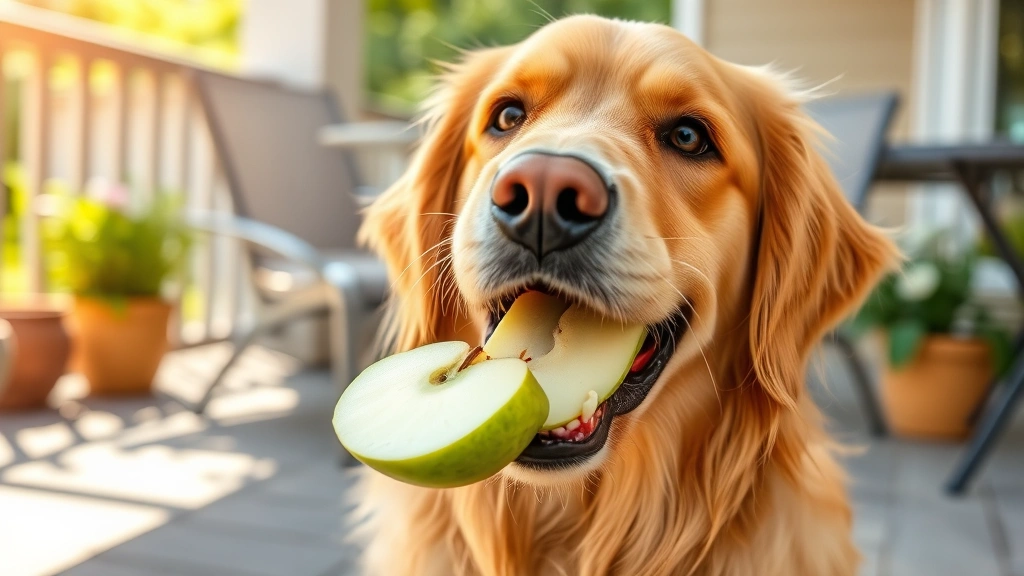 Adorable golden retriever happily eating a sliced green apple on a sunny outdoor patio, dog's mouth full of apple piece, bright natural lighting