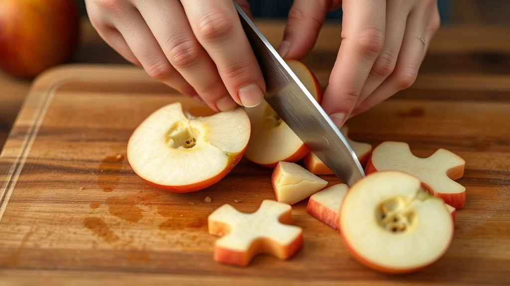 Close-up of hands carefully cutting and removing apple core and seeds, showing proper preparation technique for dog treats on a wooden cutting board