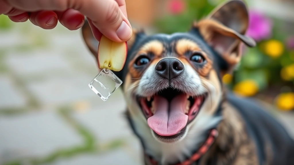 Small dog with tongue out eagerly waiting for a frozen apple chunk being held by owner's hand, playful expression, blurred garden background