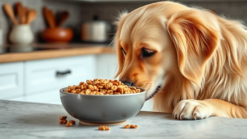 Golden retriever looking curiously at bowl of granola on kitchen counter, natural lighting, no text no words no letters