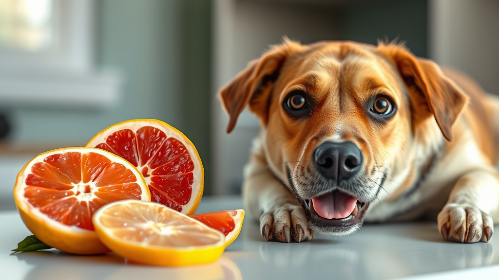 Fresh grapefruit slices next to concerned dog looking away, veterinary safety concept, no text no words no letters