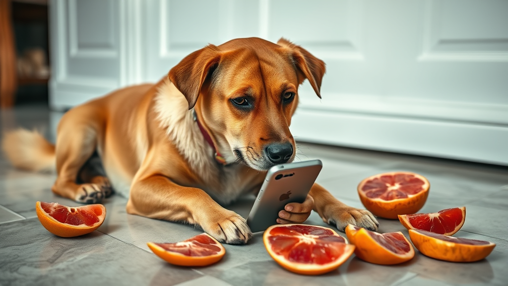 Worried dog owner holding phone near grapefruit pieces on floor, emergency situation, no text no words no letters
