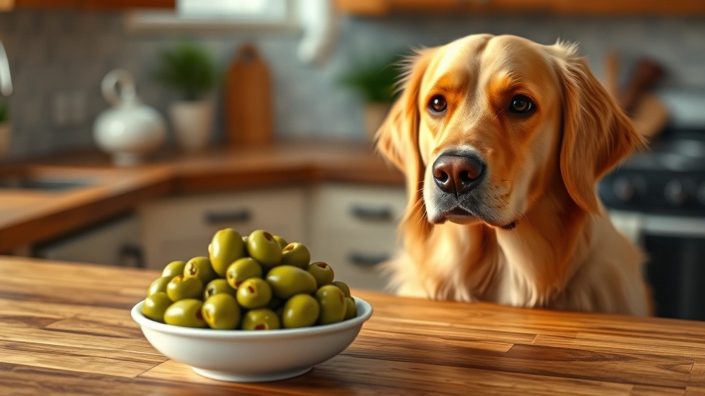 A golden retriever looking curiously at a bowl of fresh green olives on a wooden kitchen counter, soft natural lighting, photorealistic