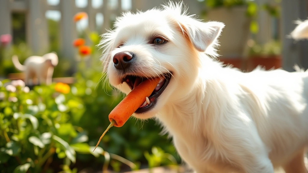 A small white dog eating a carrot stick outdoors in a garden, happy expression, natural sunlight, photorealistic photography