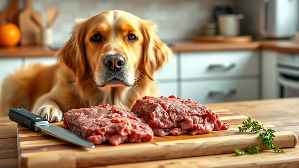 Golden retriever dog sitting next to fresh raw ground beef on wooden cutting board, kitchen background, natural lighting, no text no words no letters