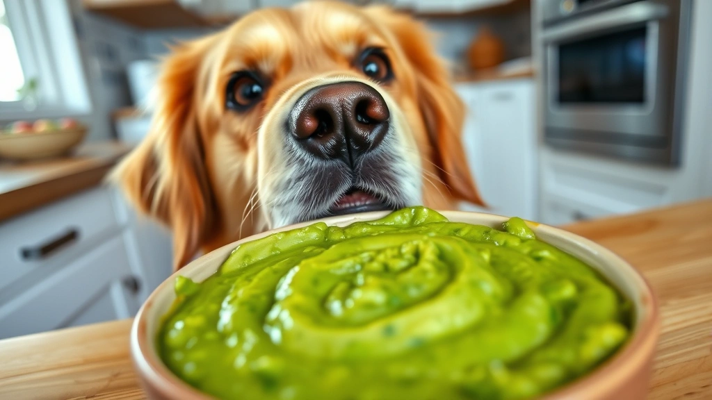 Golden retriever looking at a bowl of green guacamole dip from above, worried expression, kitchen setting