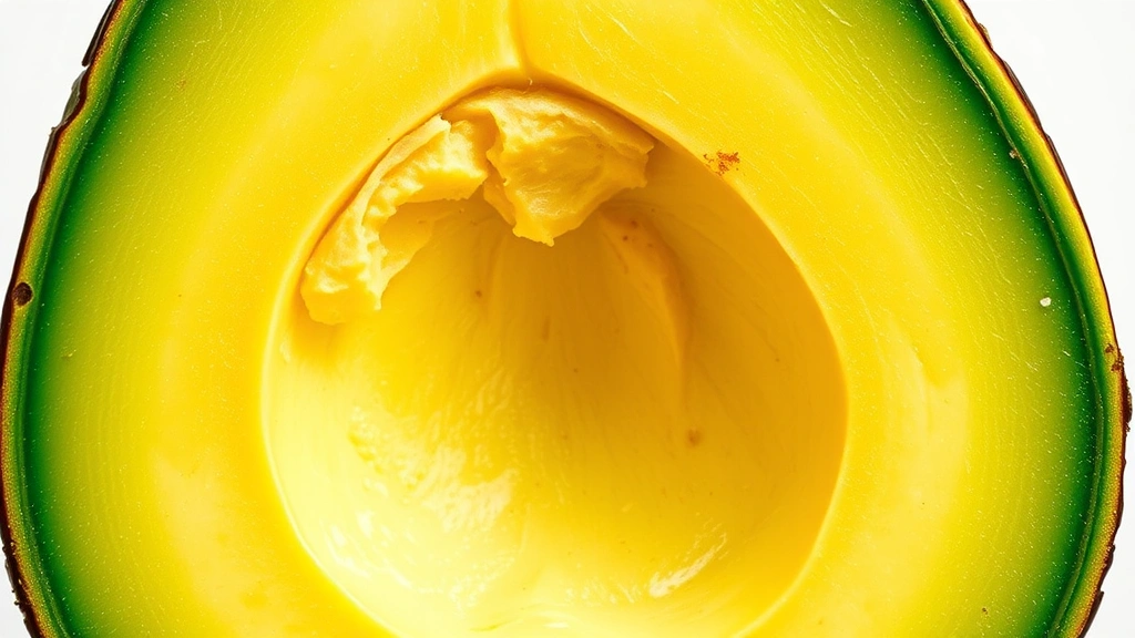 Close-up cross-section of fresh avocado showing the pit and flesh, bright green color, natural lighting