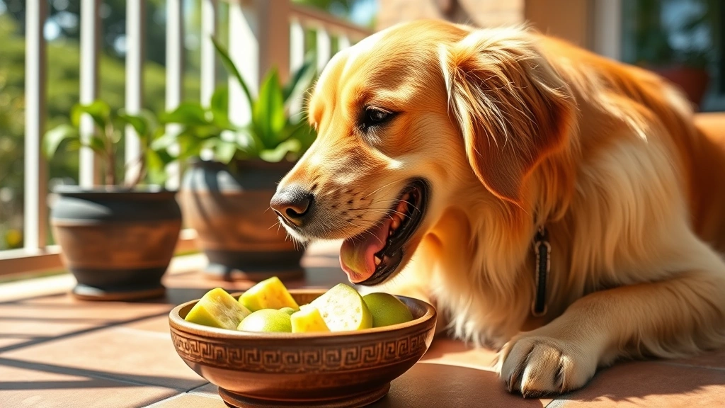 Golden retriever happily eating fresh guava pieces from a ceramic bowl on a sunny patio, natural outdoor lighting