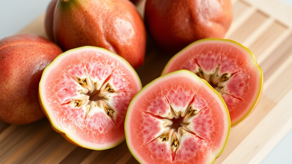 Close-up of ripe guava fruits cut in half showing pink flesh and seeds, arranged on a wooden cutting board