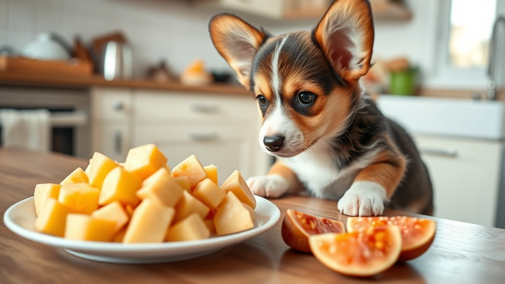 Small corgi puppy looking curiously at a plate of guava cubes prepared for dog consumption in a bright kitchen