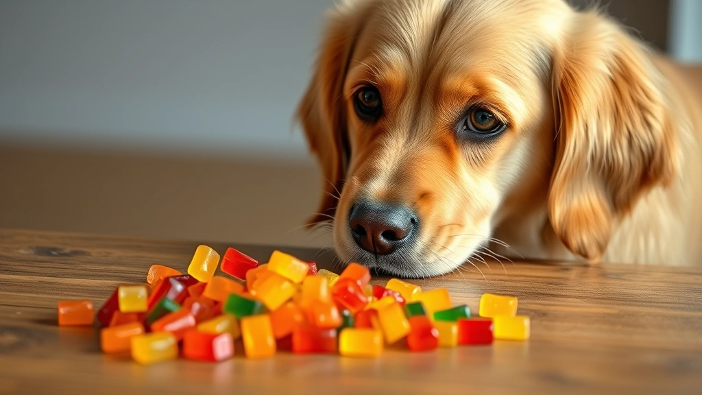 Golden retriever looking at colorful gummy candy on a wooden table, concerned expression, natural lighting