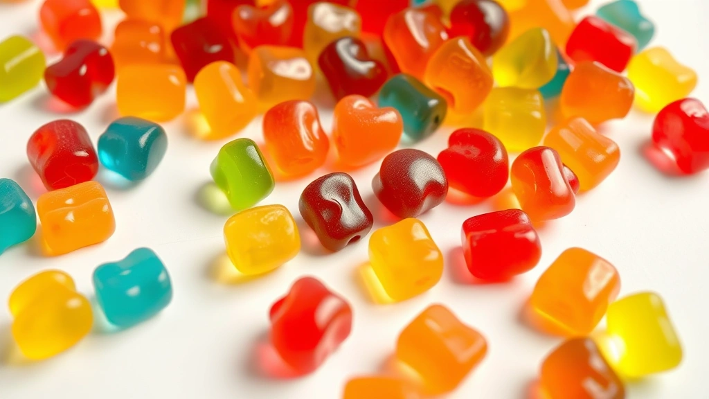 Close-up of various gummy candies in bright colors scattered on white surface, no packaging visible