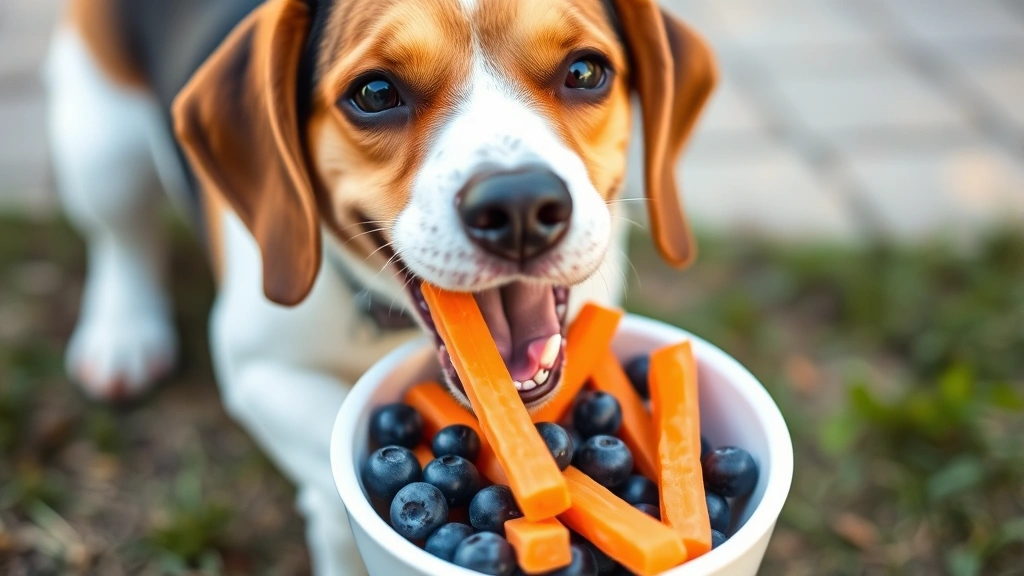 Happy beagle enjoying fresh blueberries and carrot sticks as treats from a bowl, outdoor setting