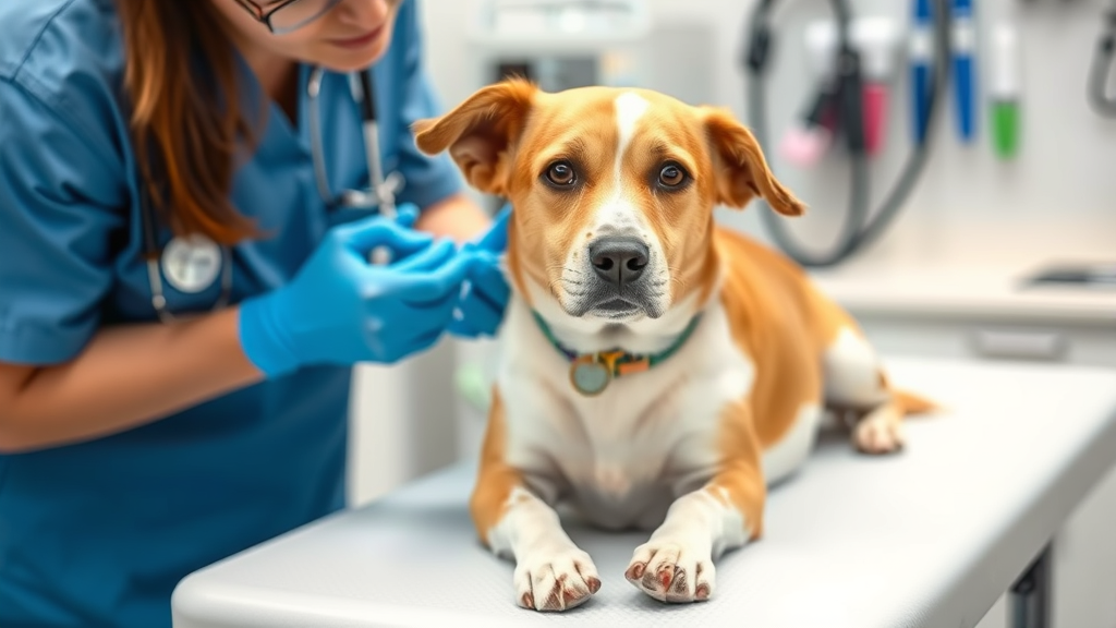 Veterinarian examining dog on examination table with medical equipment visible in background, professional setting, no text no words no letters