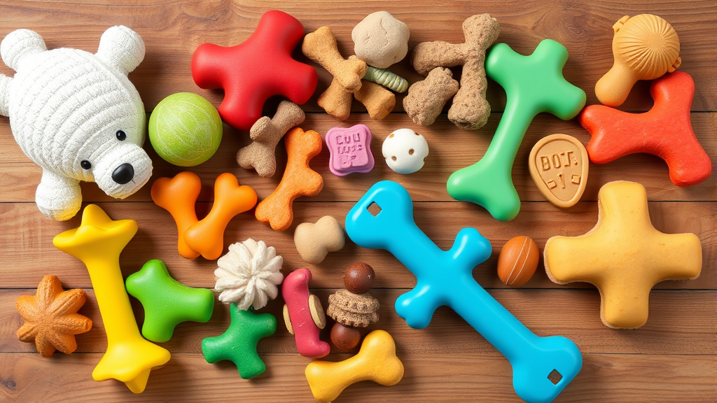 Various safe dog chew toys and treats arranged on wooden surface, colorful natural lighting, overhead view, no text no words no letters