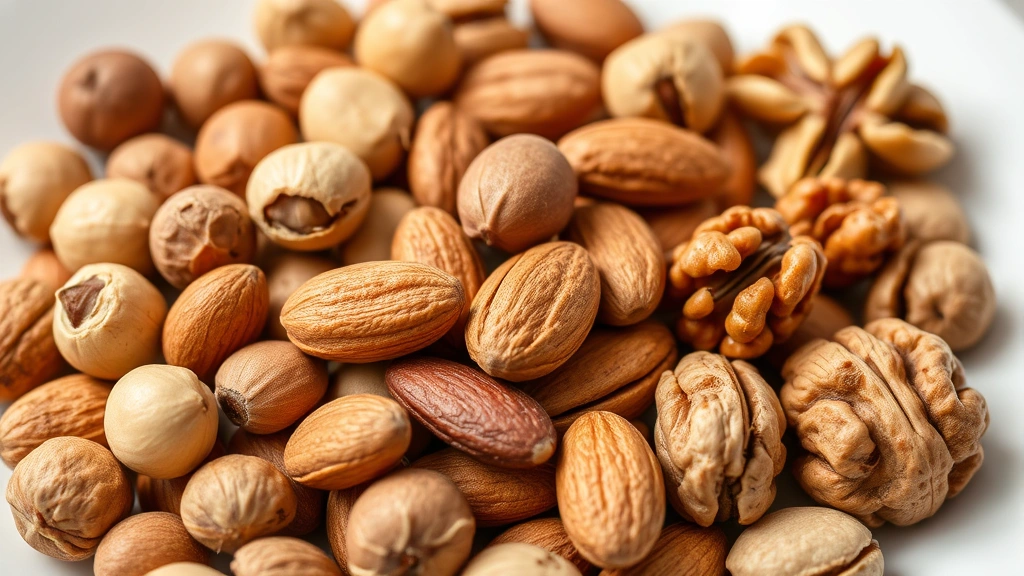 Close-up of various nuts including hazelnuts, almonds, and walnuts arranged on a white plate, showing texture and size differences, professional food photography style